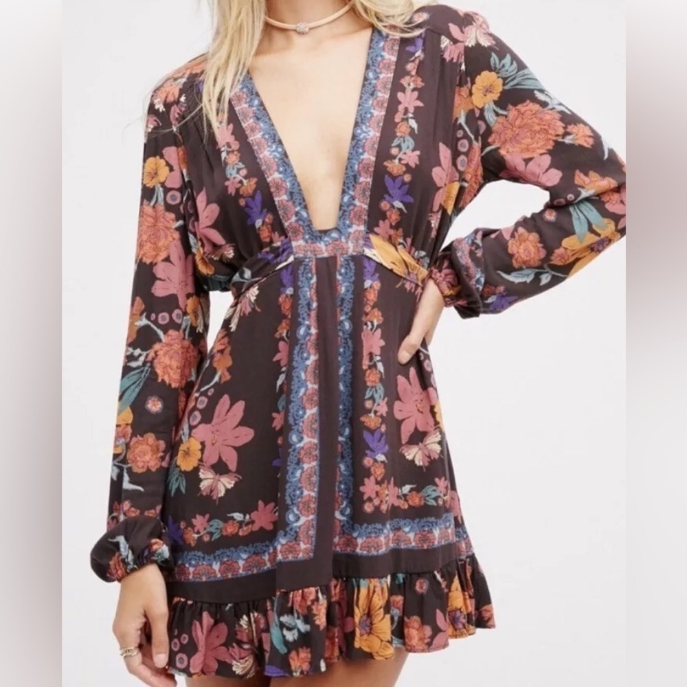 Free People Floral Purple and Orange Boho Tunic sz 4